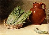 Jug Canvas Paintings - Still Life With A Jug, A Cabbage In A Basket And A Gherkin
